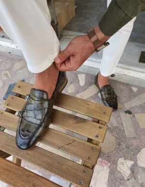 Green Croc Monk Strap Loafers