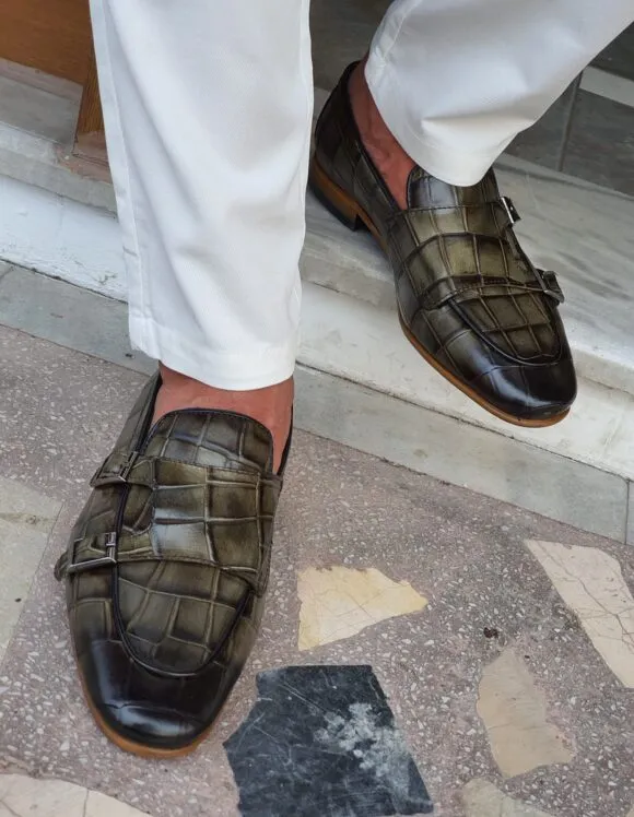 Green Croc Monk Strap Loafers