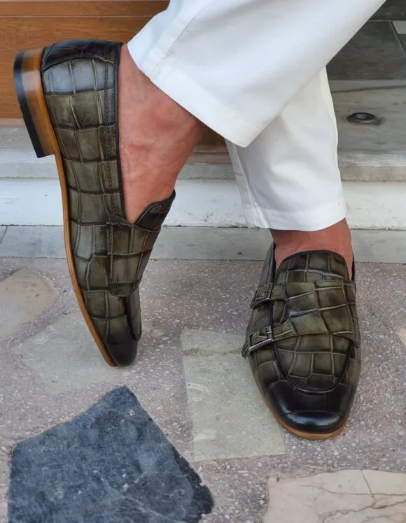 Green Croc Monk Strap Loafers