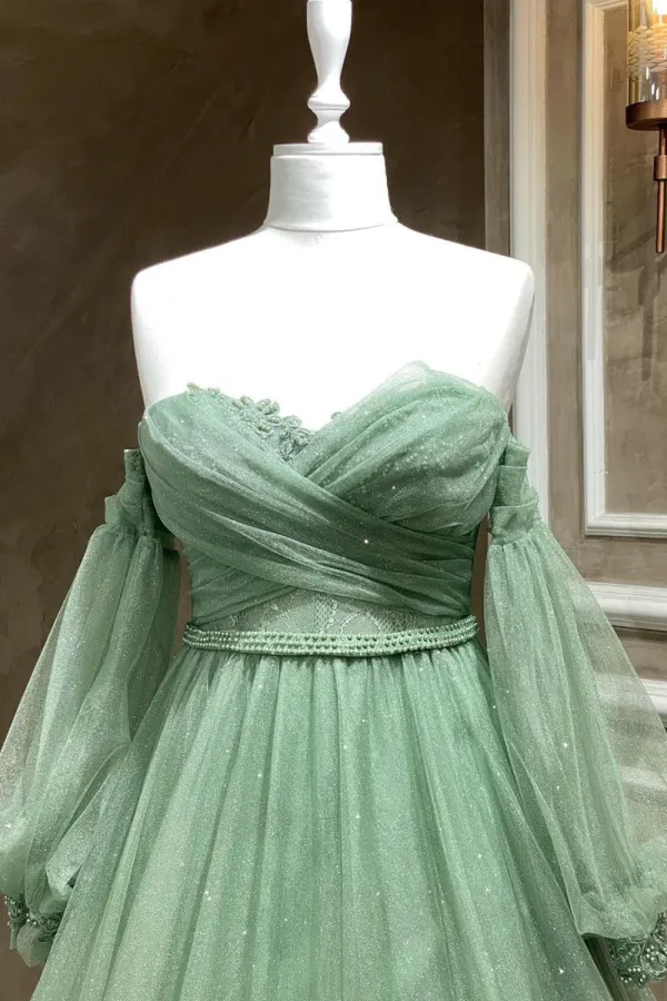 Green Strapless Tulle Long Sleeve Prom Dress, Green A Line Evening Party Dress APP0791