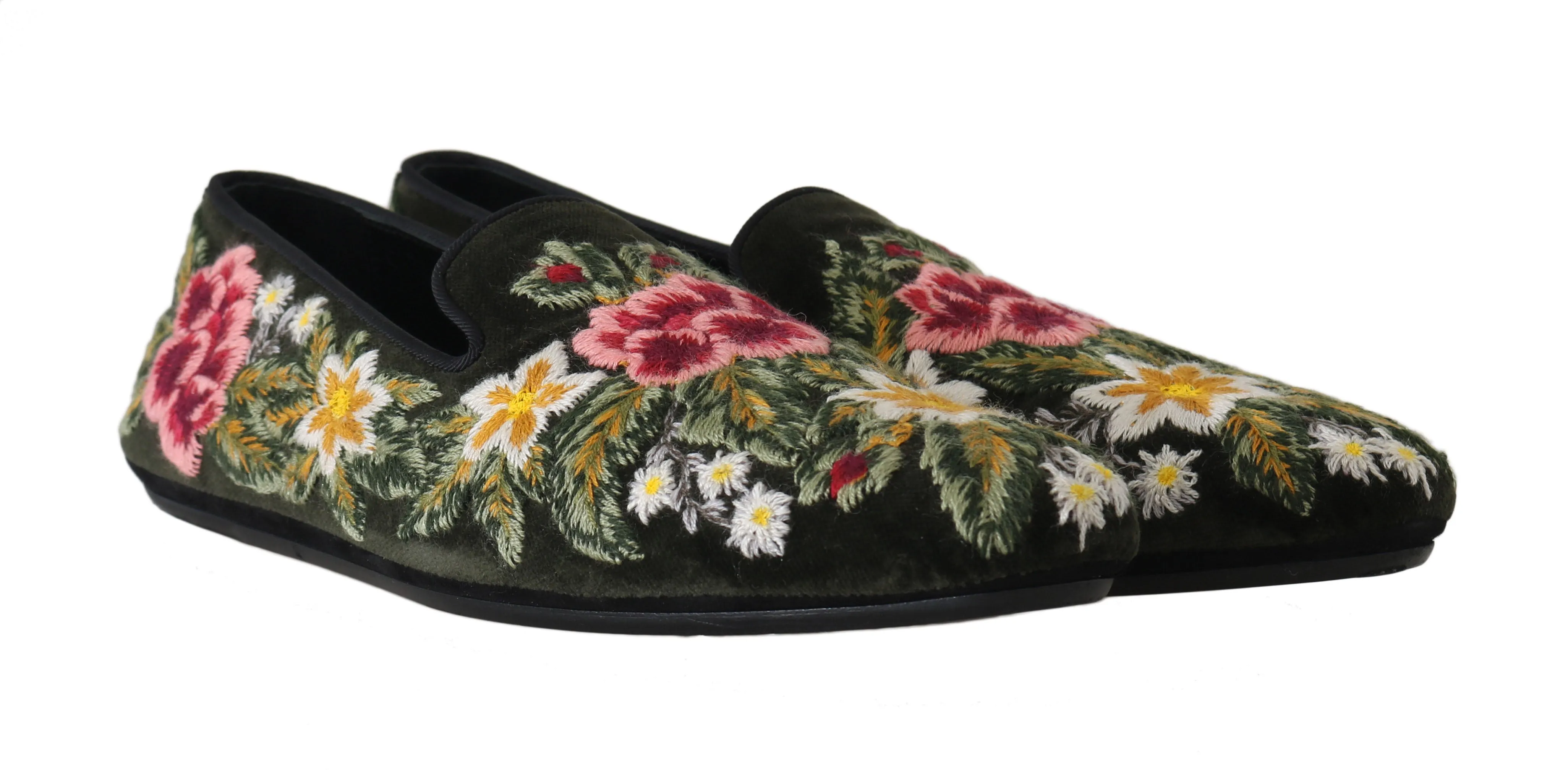 Green Velvet Ricamo Floral Loafers