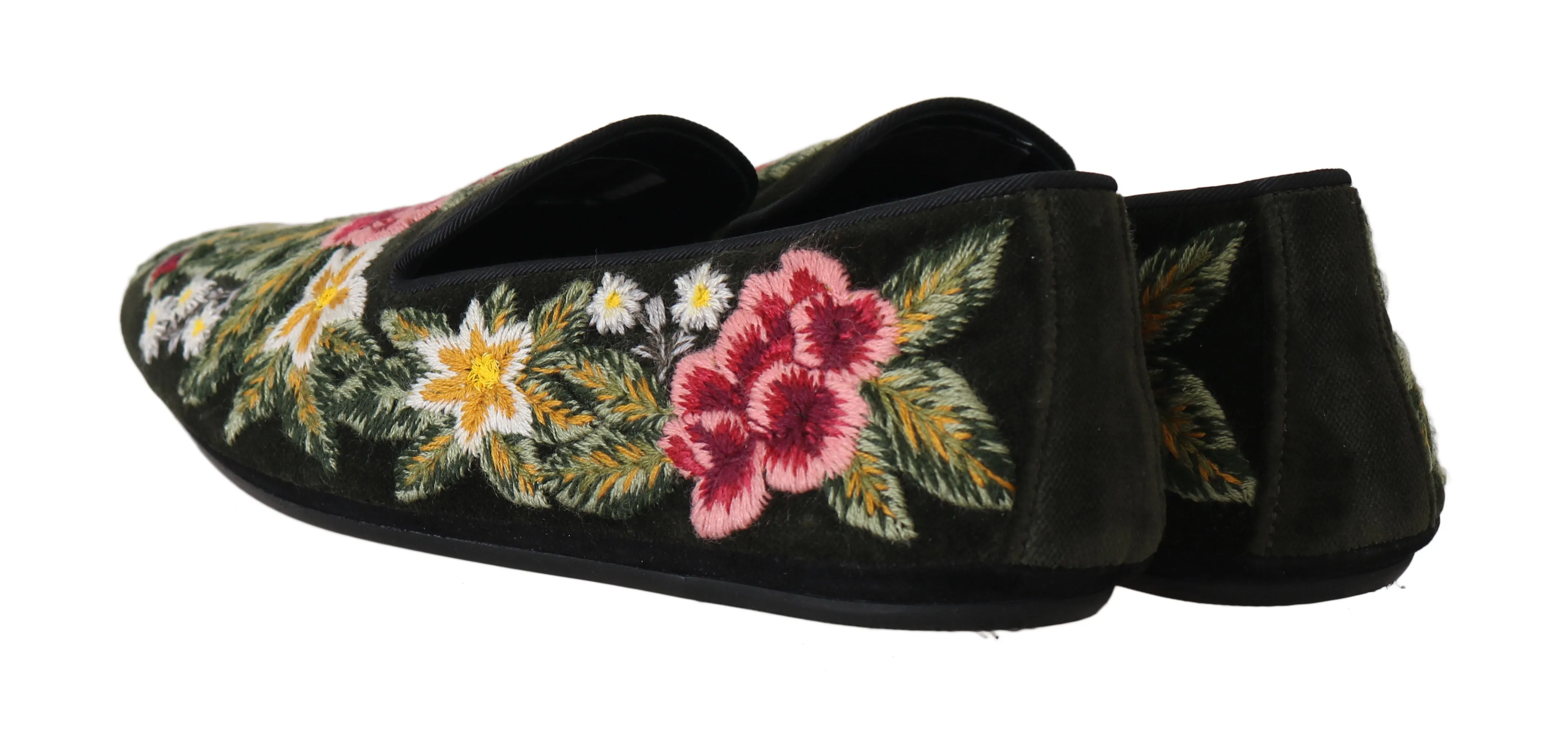 Green Velvet Ricamo Floral Loafers