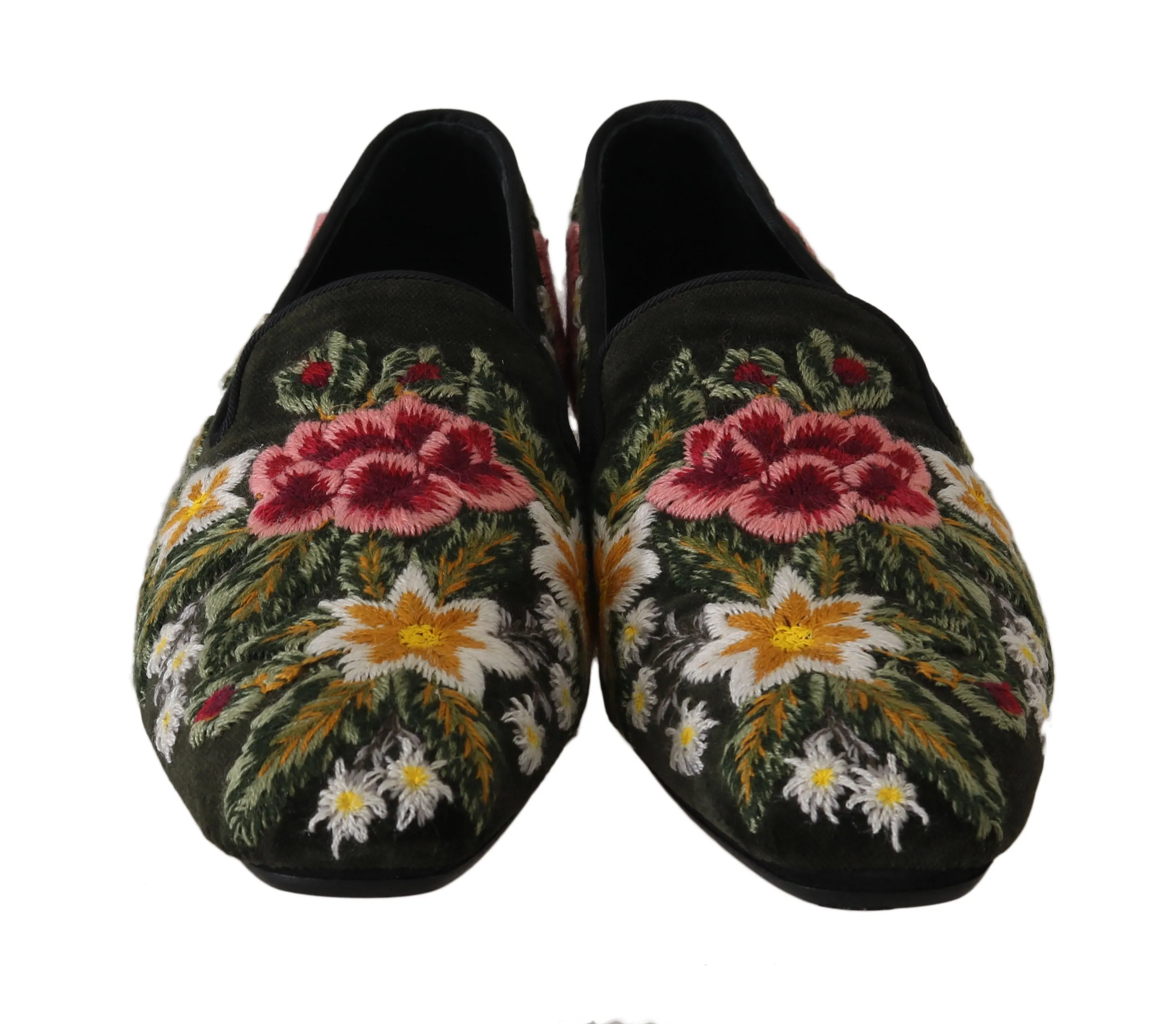 Green Velvet Ricamo Floral Loafers
