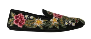 Green Velvet Ricamo Floral Loafers