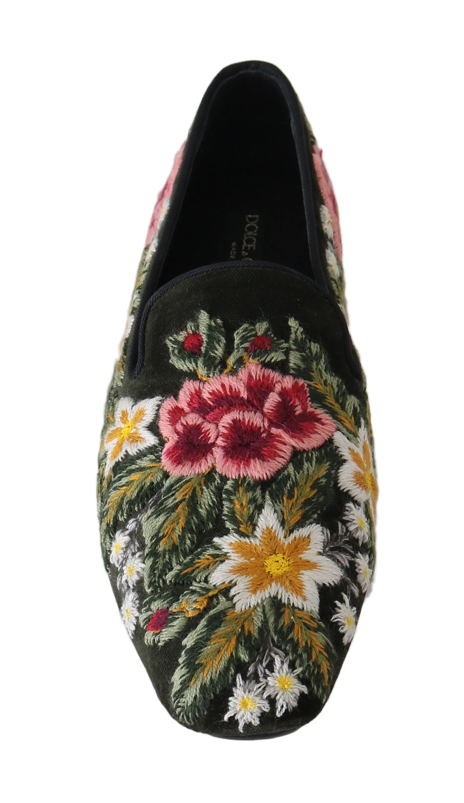 Green Velvet Ricamo Floral Loafers
