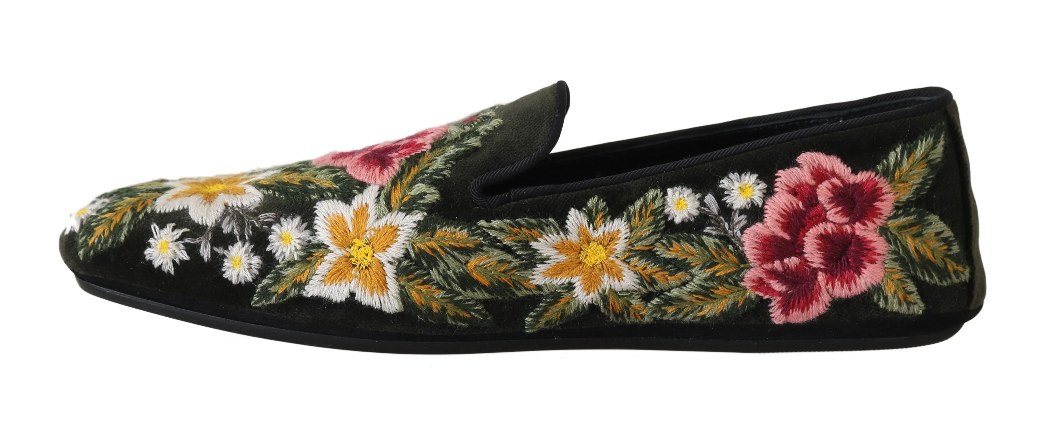 Green Velvet Ricamo Floral Loafers