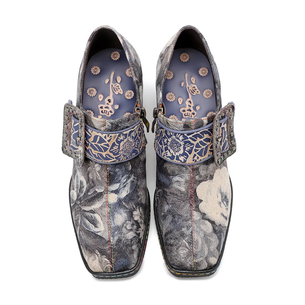 Grey Embossed Floral Buckle Genuine Leather Bootie Mid Heel Loafers