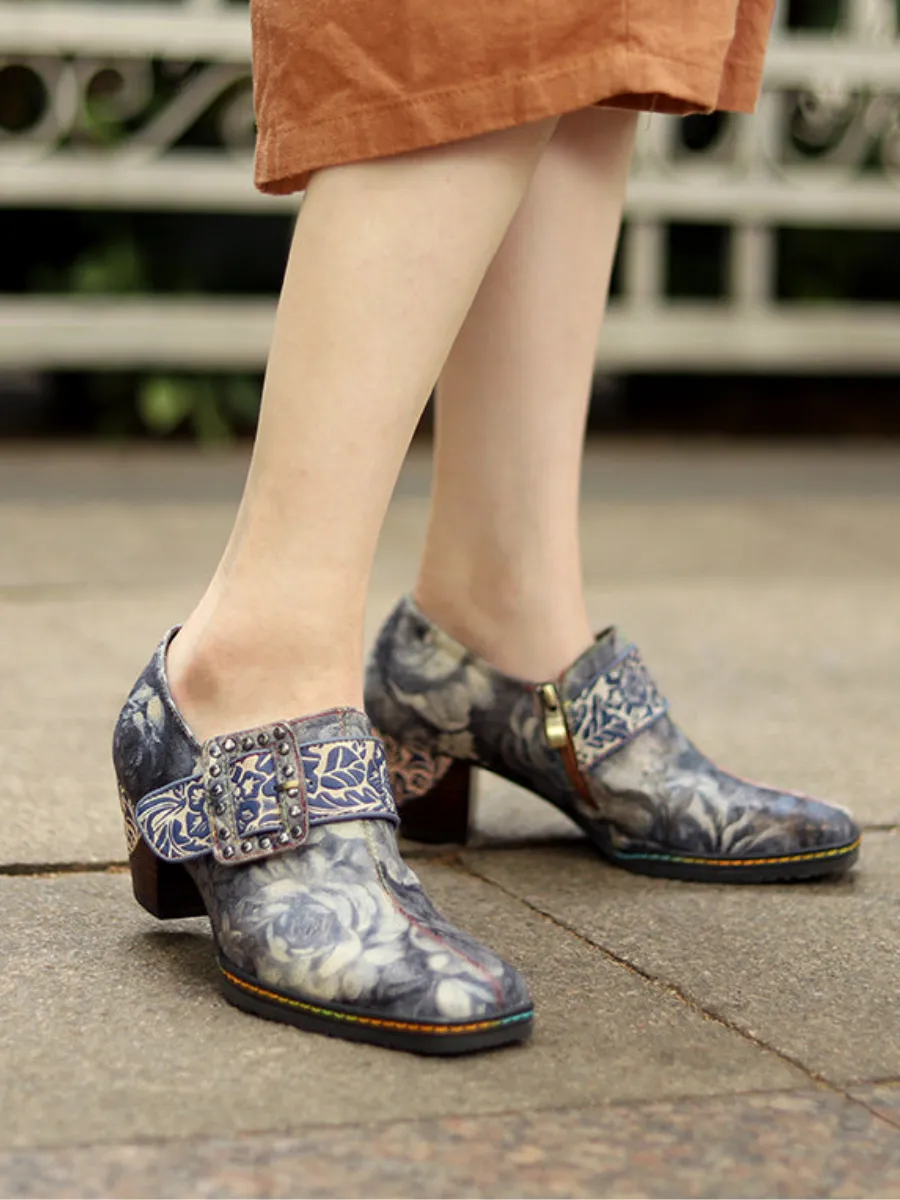Grey Embossed Floral Buckle Genuine Leather Bootie Mid Heel Loafers