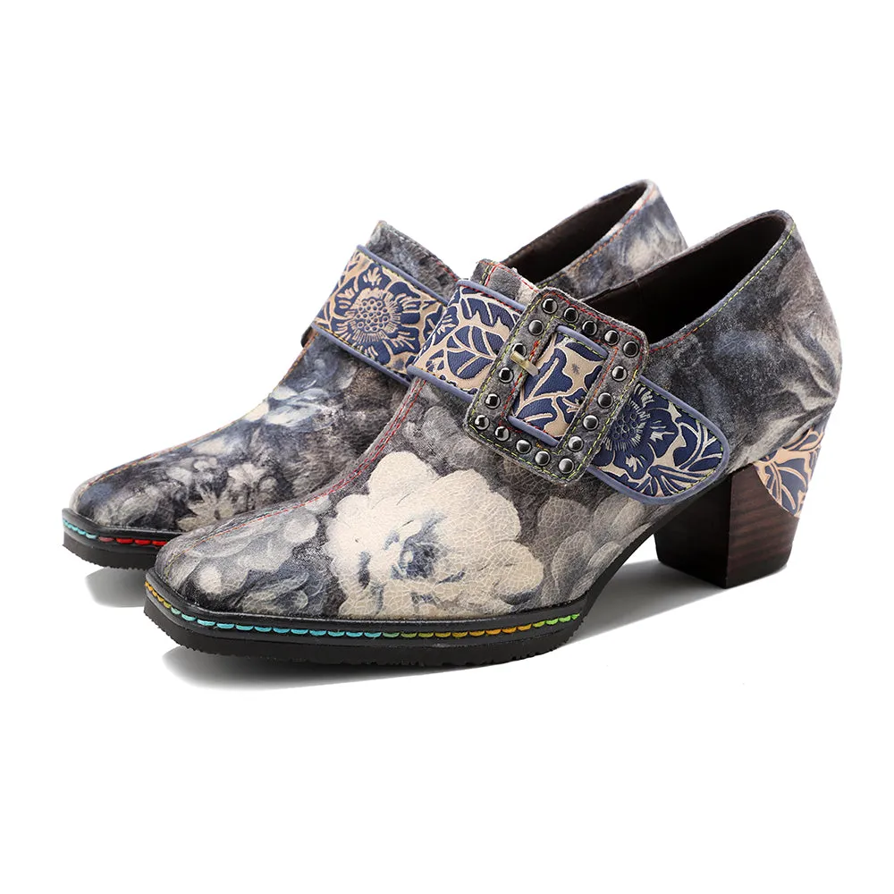 Grey Embossed Floral Buckle Genuine Leather Bootie Mid Heel Loafers