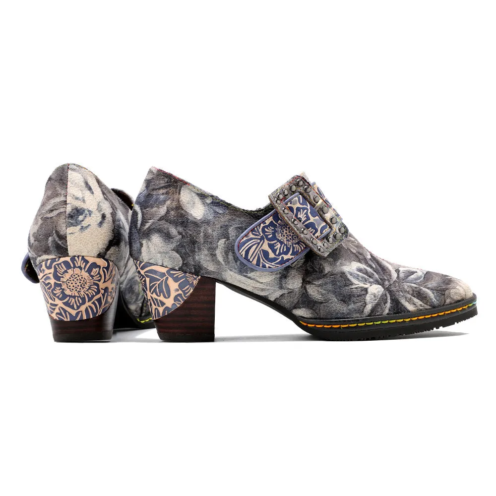 Grey Embossed Floral Buckle Genuine Leather Bootie Mid Heel Loafers