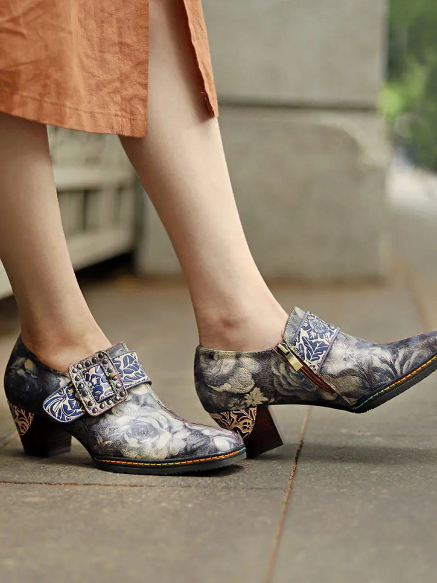 Grey Embossed Floral Buckle Genuine Leather Bootie Mid Heel Loafers