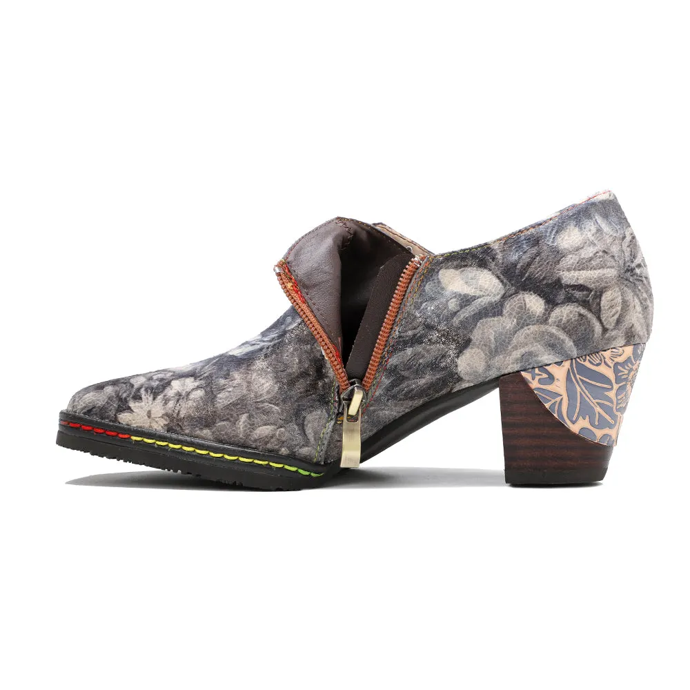 Grey Embossed Floral Buckle Genuine Leather Bootie Mid Heel Loafers