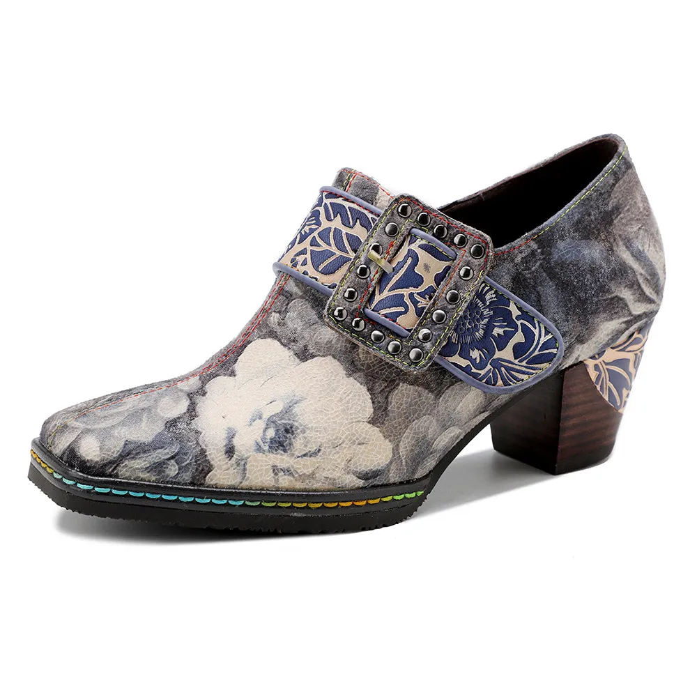 Grey Embossed Floral Buckle Genuine Leather Bootie Mid Heel Loafers