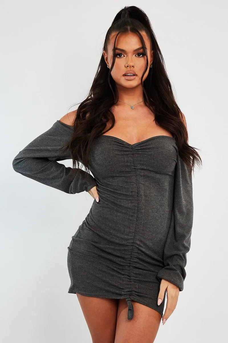 Grey Ribbed Ruched Centre Mini Dress - Nahlia