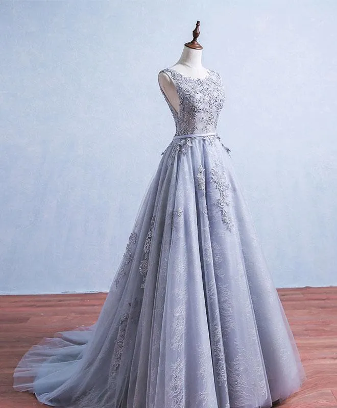 Grey Tulle and Lace A-line Charming Gowns, Woman Formal Gowns, Handmade Party Dresses