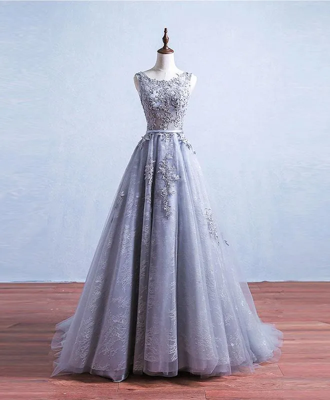Grey Tulle and Lace A-line Charming Gowns, Woman Formal Gowns, Handmade Party Dresses