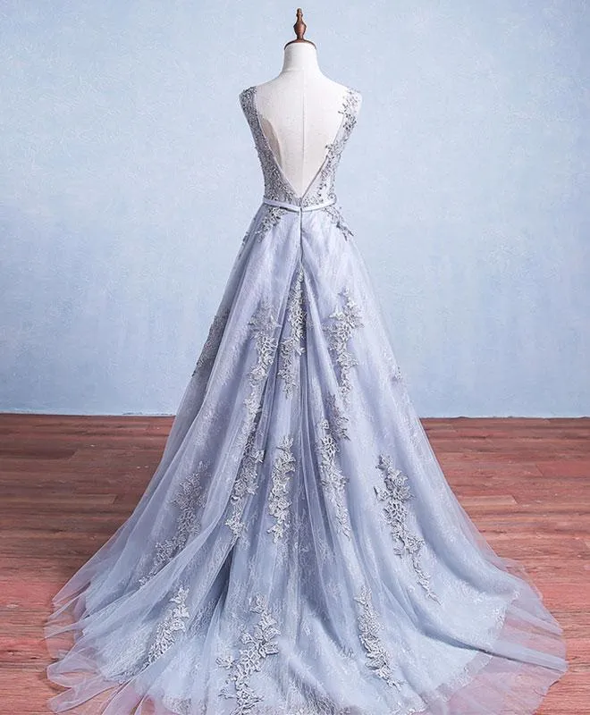 Grey Tulle and Lace A-line Charming Gowns, Woman Formal Gowns, Handmade Party Dresses