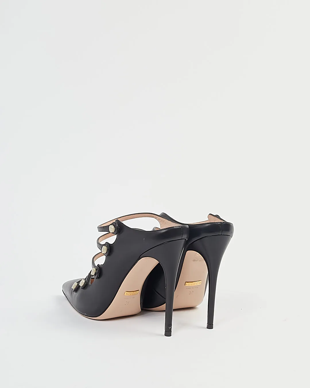 Gucci Black Leather Point Toe Strap Mule Heel - 38