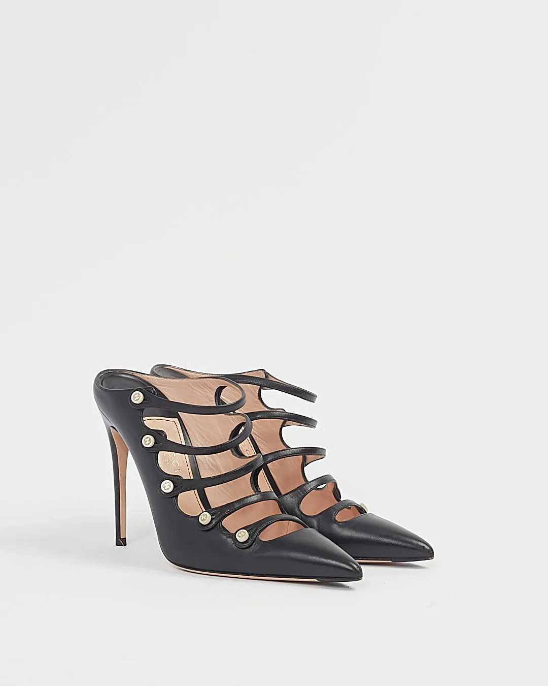 Gucci Black Leather Point Toe Strap Mule Heel - 38