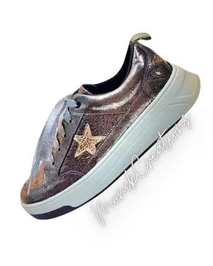 Gunmetal Gray Star Leather Sneakers For Women