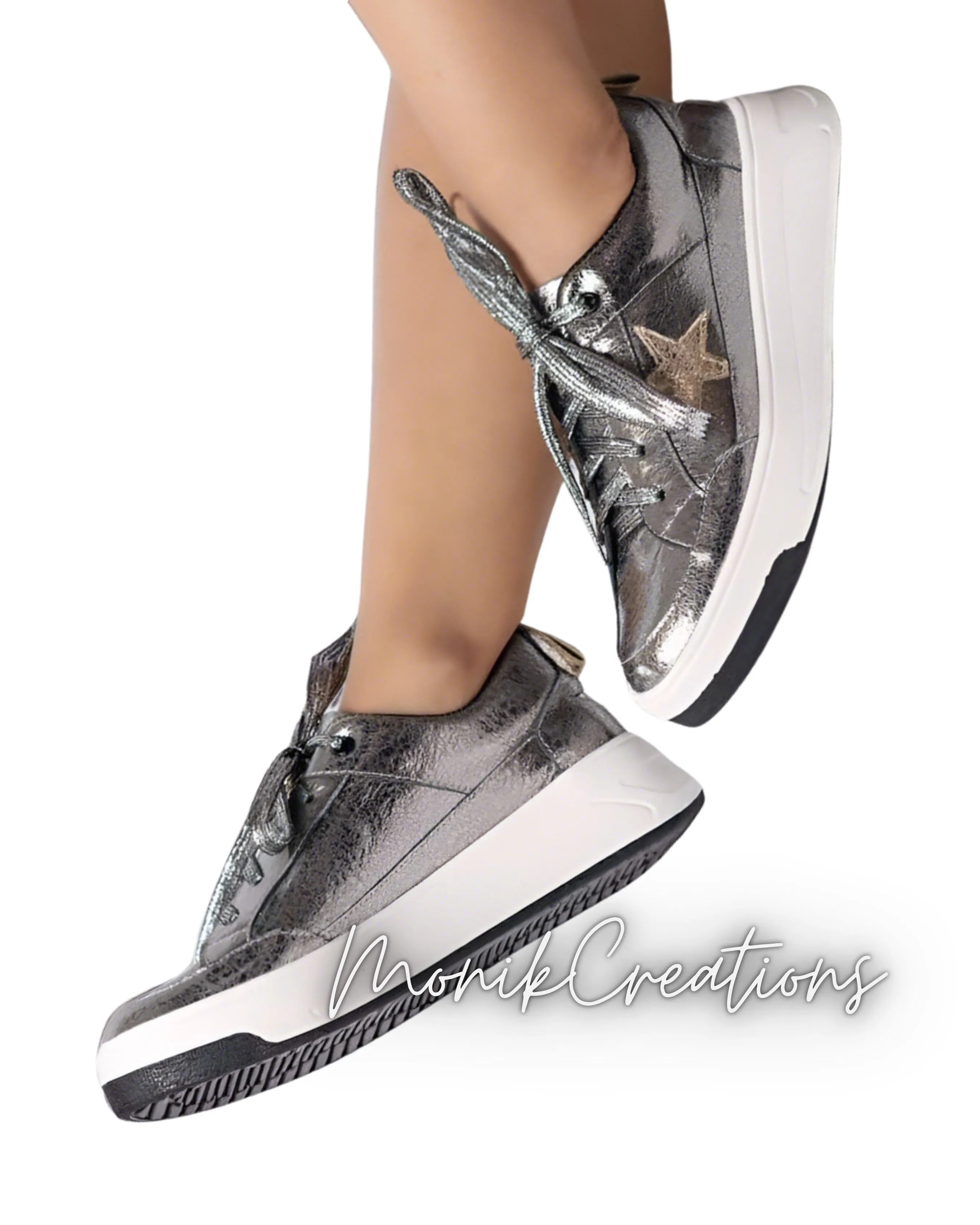 Gunmetal Gray Star Leather Sneakers For Women