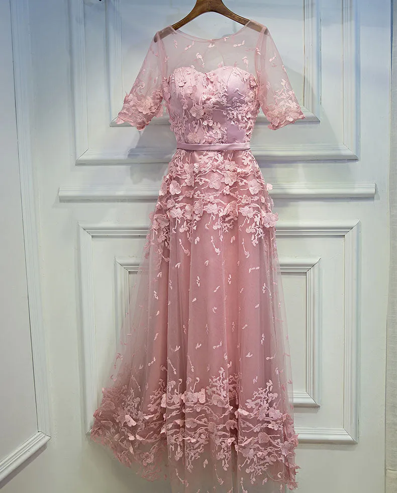 Half Sleeves Tulle Applique Lace Up Back Cheap Long Prom Dresses, BGP003