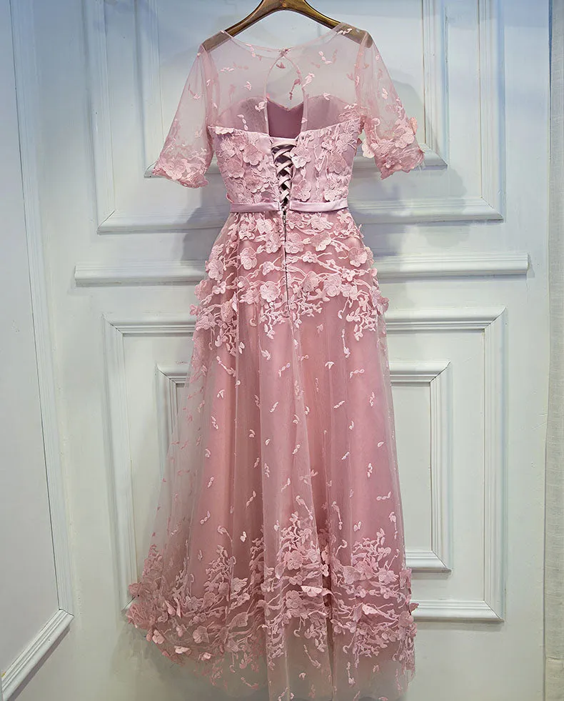 Half Sleeves Tulle Applique Lace Up Back Cheap Long Prom Dresses, BGP003