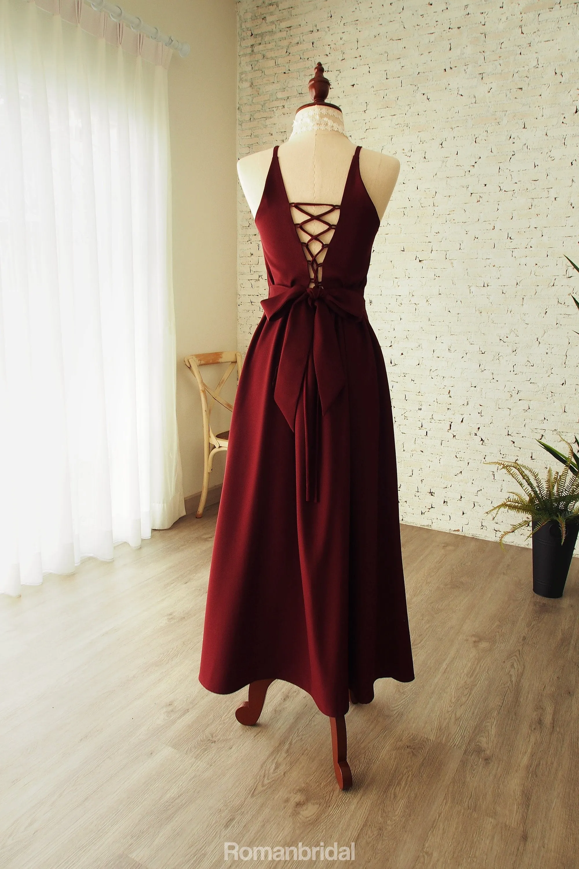 Halter Sleeveless Lace Up Back Burgundy Bridesmaid Dress With Belt, BD0541