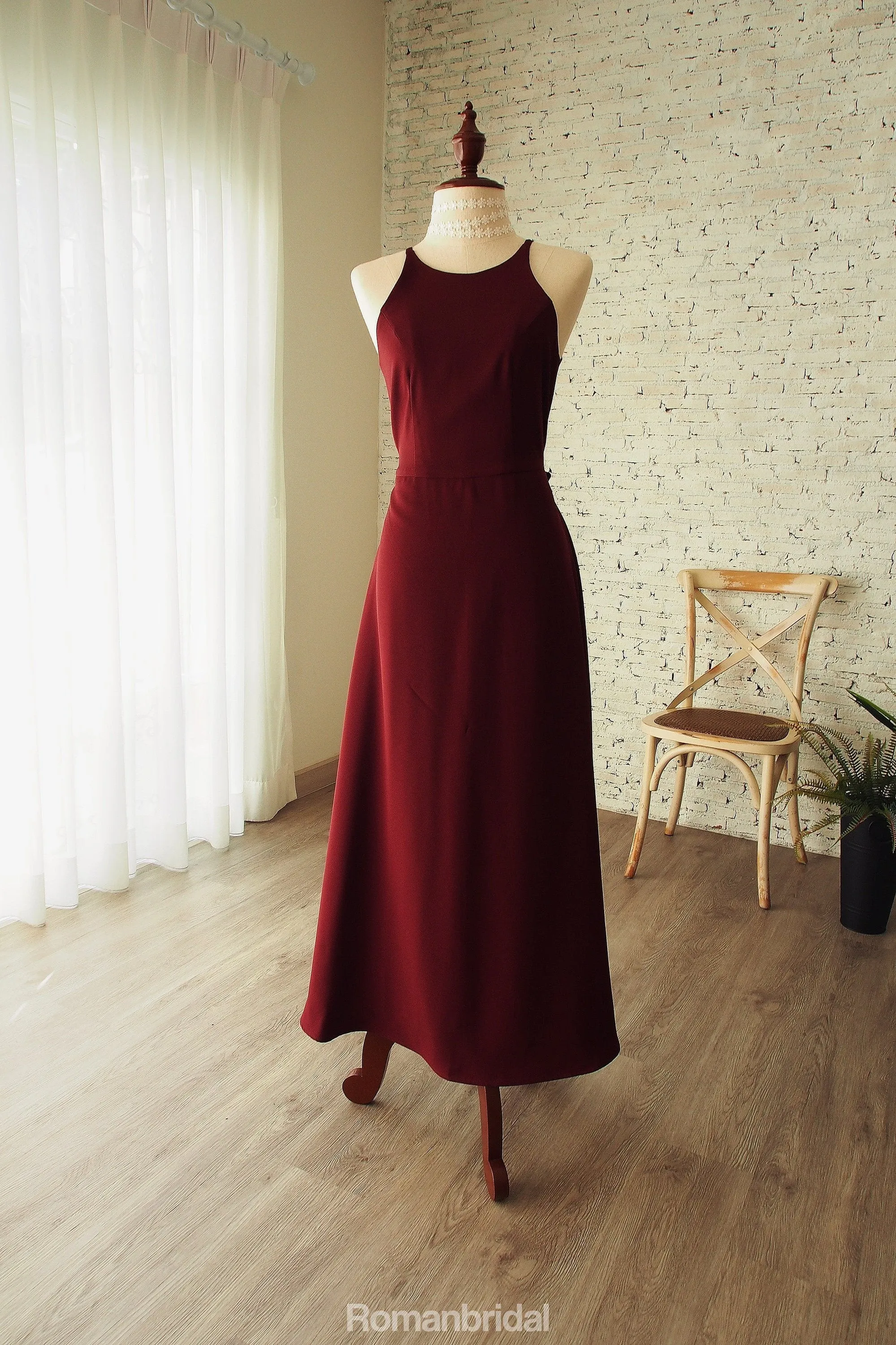Halter Sleeveless Lace Up Back Burgundy Bridesmaid Dress With Belt, BD0541
