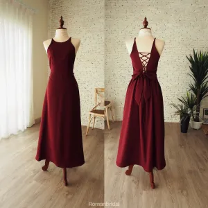 Halter Sleeveless Lace Up Back Burgundy Bridesmaid Dress With Belt, BD0541