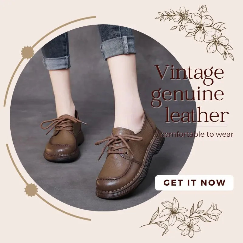 Handmade Genuine Leather Soft Sole Casual Women's Shoes Comfortable Lace-up Retro Shoes