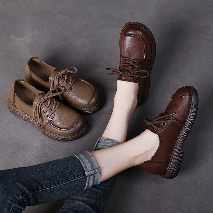 Handmade Genuine Leather Soft Sole Casual Women's Shoes Comfortable Lace-up Retro Shoes