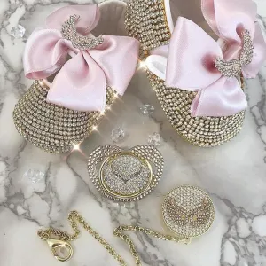 Handmade Rhinestone Pacifier & Clip   Shoe & Headband Set