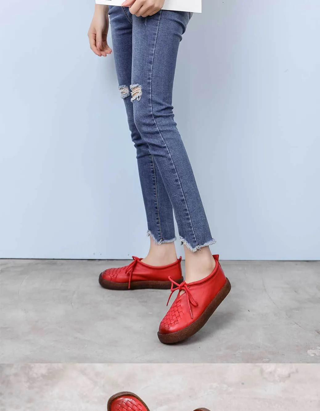 Handmade Women Leather Flat Leather Vintage Shoes Soft Sole Woven Shoes