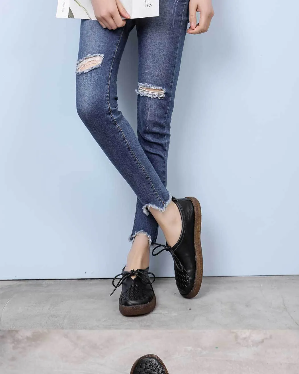 Handmade Women Leather Flat Leather Vintage Shoes Soft Sole Woven Shoes