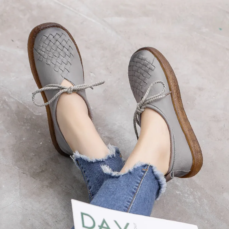 Handmade Women Leather Flat Leather Vintage Shoes Soft Sole Woven Shoes