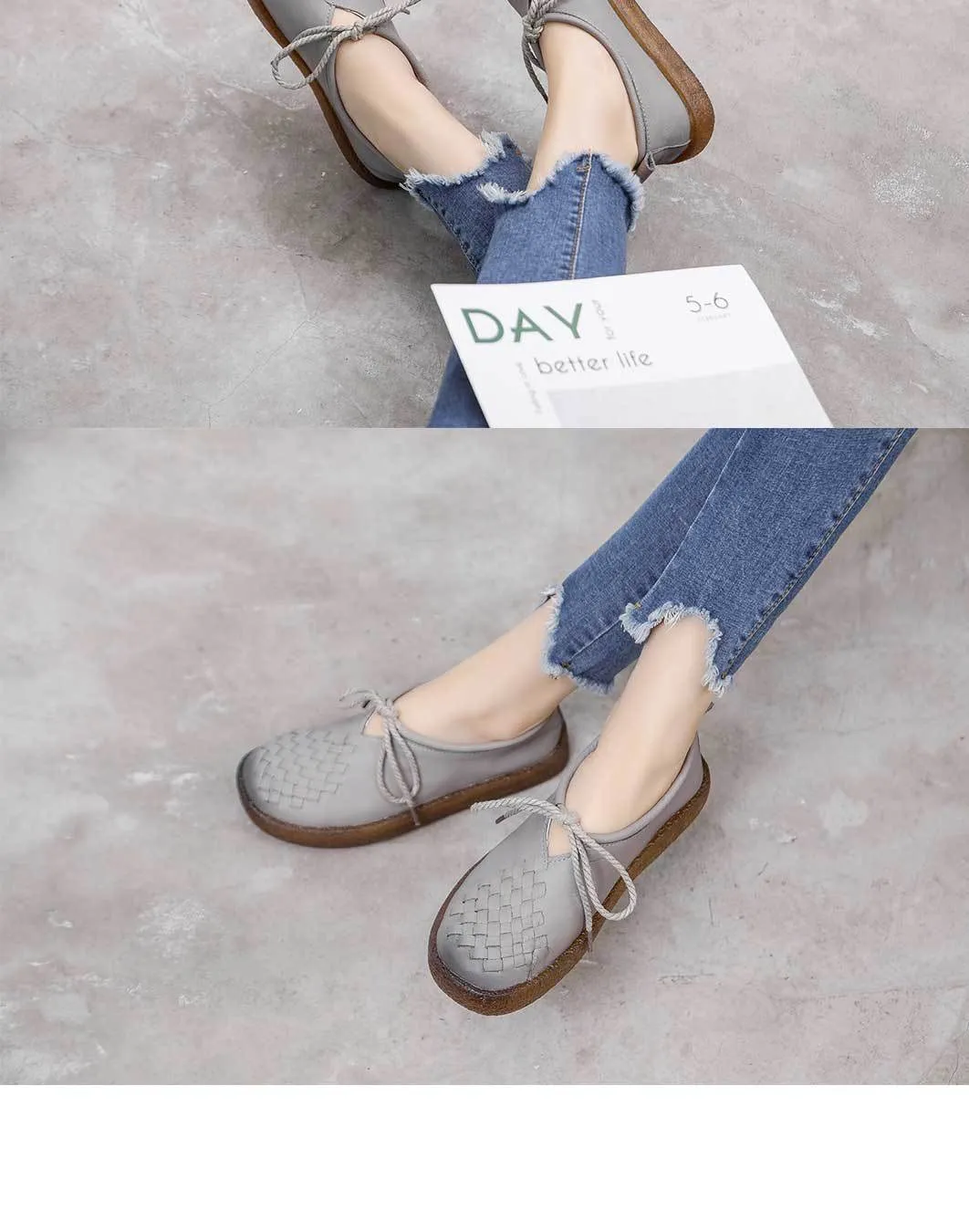 Handmade Women Leather Flat Leather Vintage Shoes Soft Sole Woven Shoes