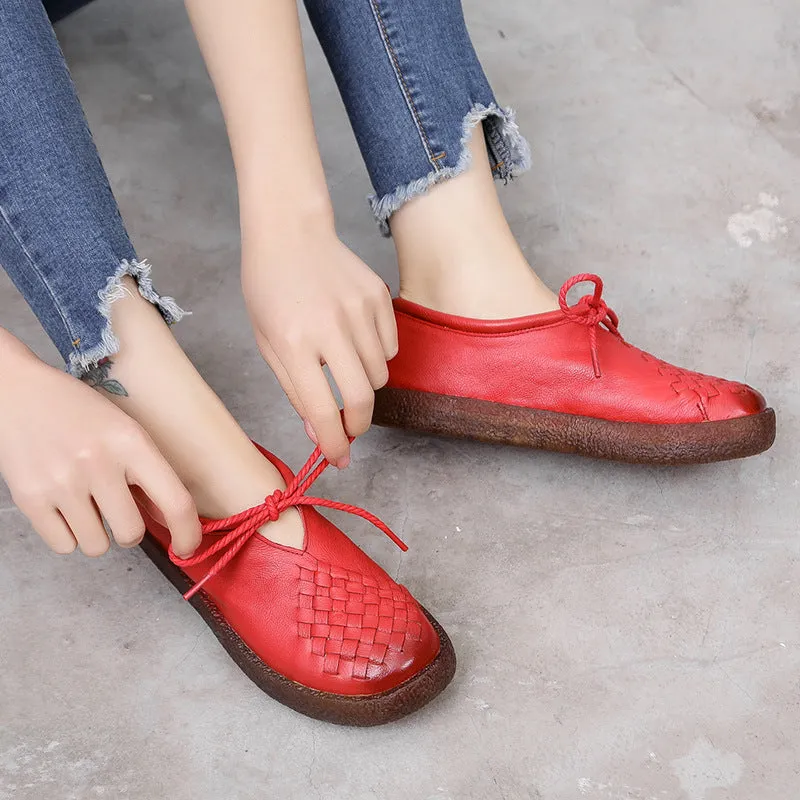 Handmade Women Leather Flat Leather Vintage Shoes Soft Sole Woven Shoes