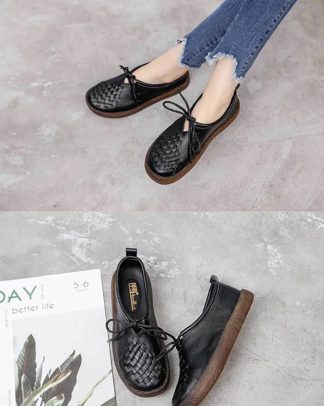 Handmade Women Leather Flat Leather Vintage Shoes Soft Sole Woven Shoes