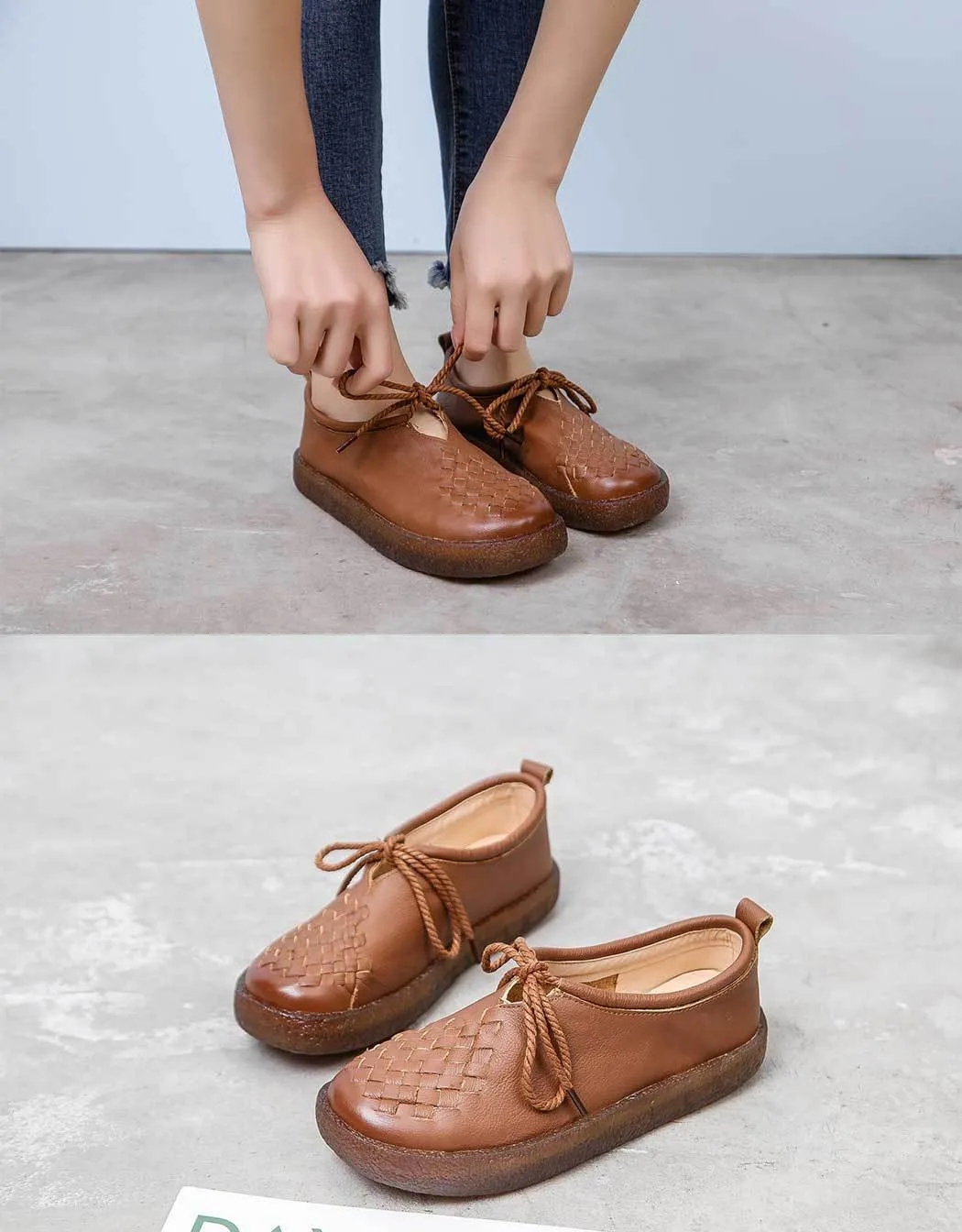 Handmade Women Leather Flat Leather Vintage Shoes Soft Sole Woven Shoes