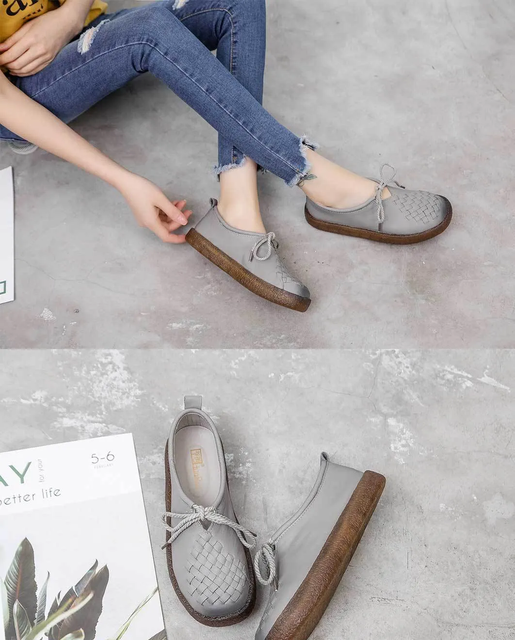 Handmade Women Leather Flat Leather Vintage Shoes Soft Sole Woven Shoes