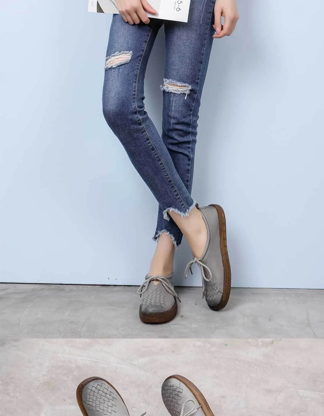 Handmade Women Leather Flat Leather Vintage Shoes Soft Sole Woven Shoes