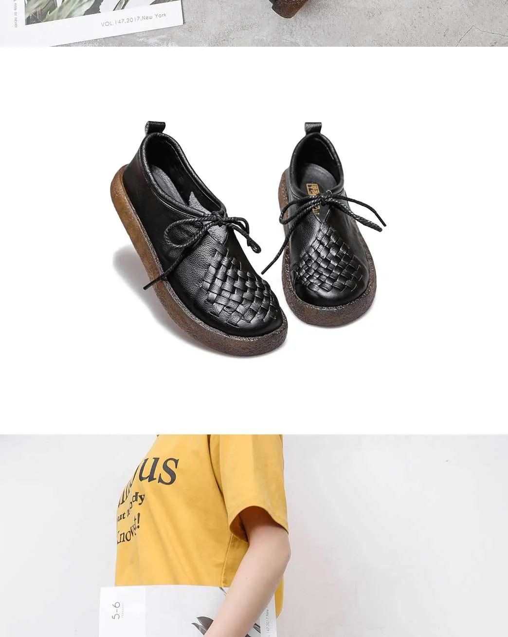 Handmade Women Leather Flat Leather Vintage Shoes Soft Sole Woven Shoes
