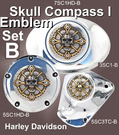 Harley Davidson Motorcycle Ornament 3 Piece Emblem Set - Skull Compass 1