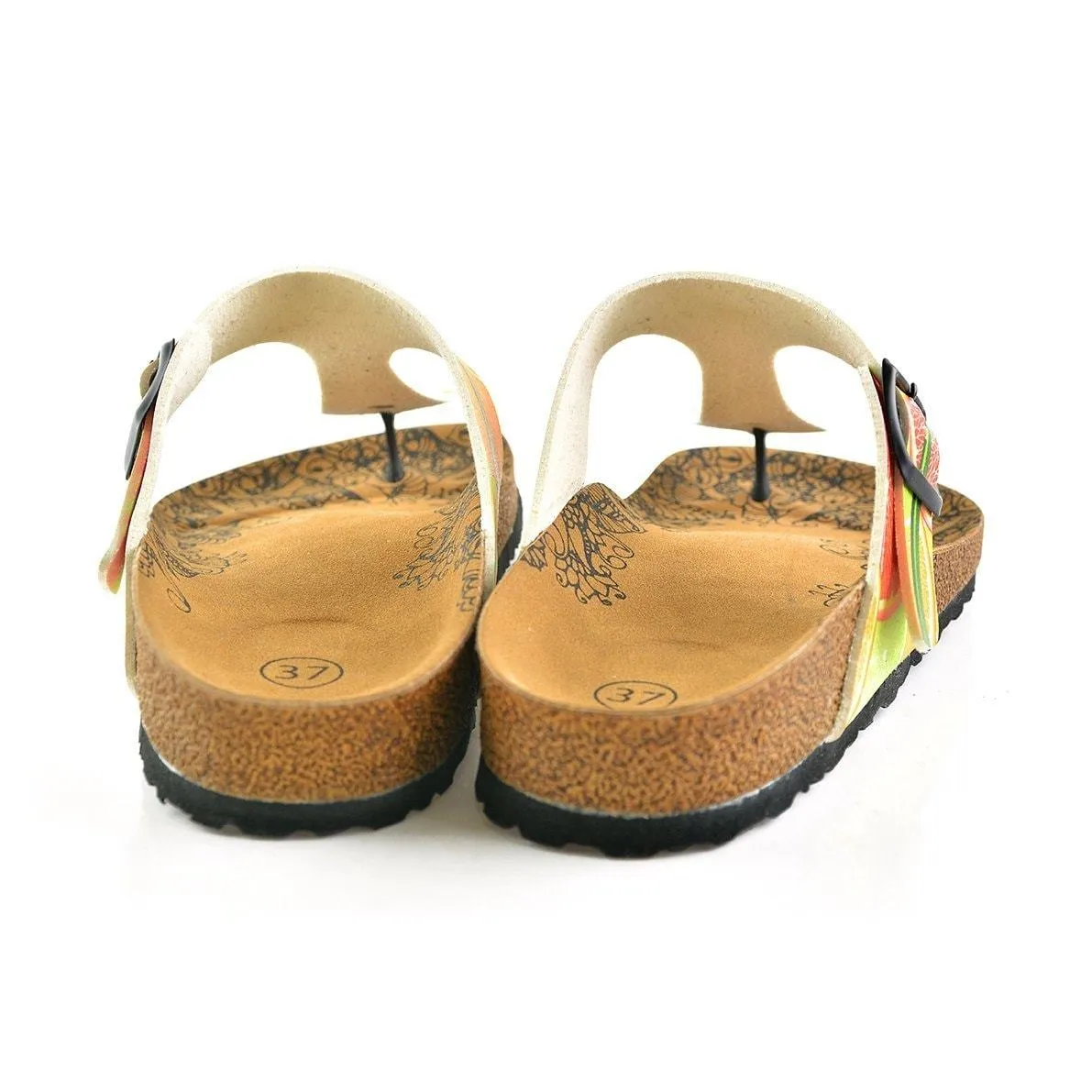 Hello Spring Written and Green, Orange, Red Lemon, Orange Patterned Sandal - CAL503