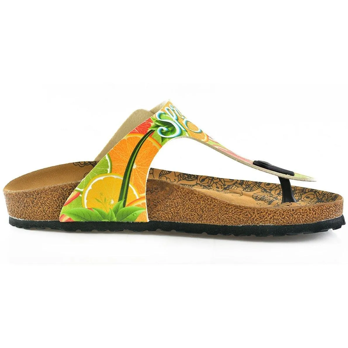 Hello Spring Written and Green, Orange, Red Lemon, Orange Patterned Sandal - CAL503