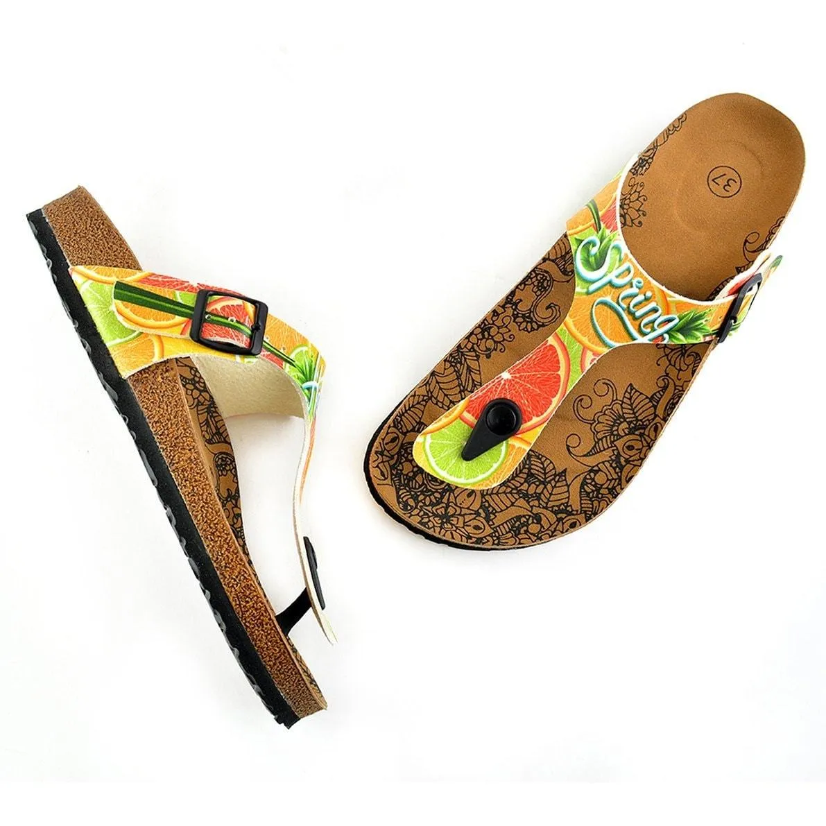 Hello Spring Written and Green, Orange, Red Lemon, Orange Patterned Sandal - CAL503