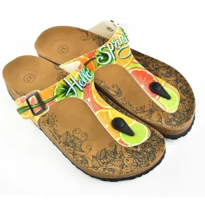 Hello Spring Written and Green, Orange, Red Lemon, Orange Patterned Sandal - CAL503