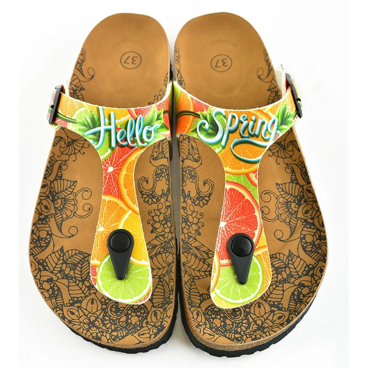Hello Spring Written and Green, Orange, Red Lemon, Orange Patterned Sandal - CAL503