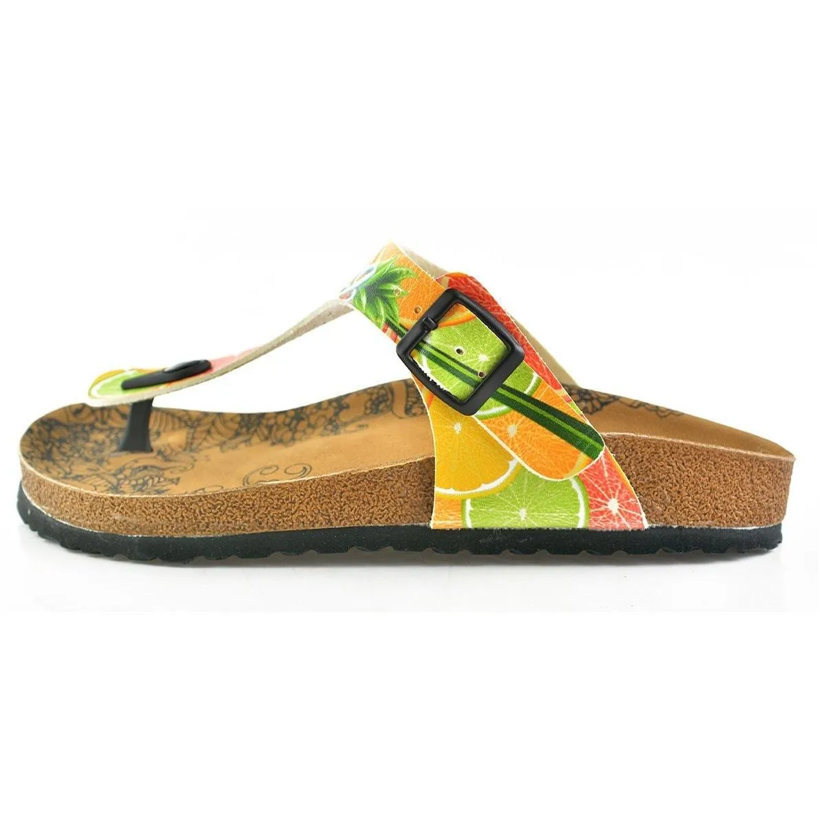 Hello Spring Written and Green, Orange, Red Lemon, Orange Patterned Sandal - CAL503